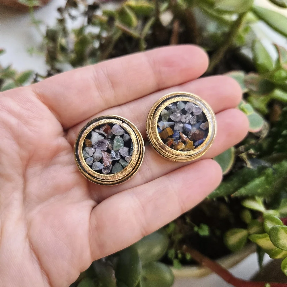 Vintage Swank Gold Mosaic Gemstone Chip Colorful Round Pair of Cuff Links